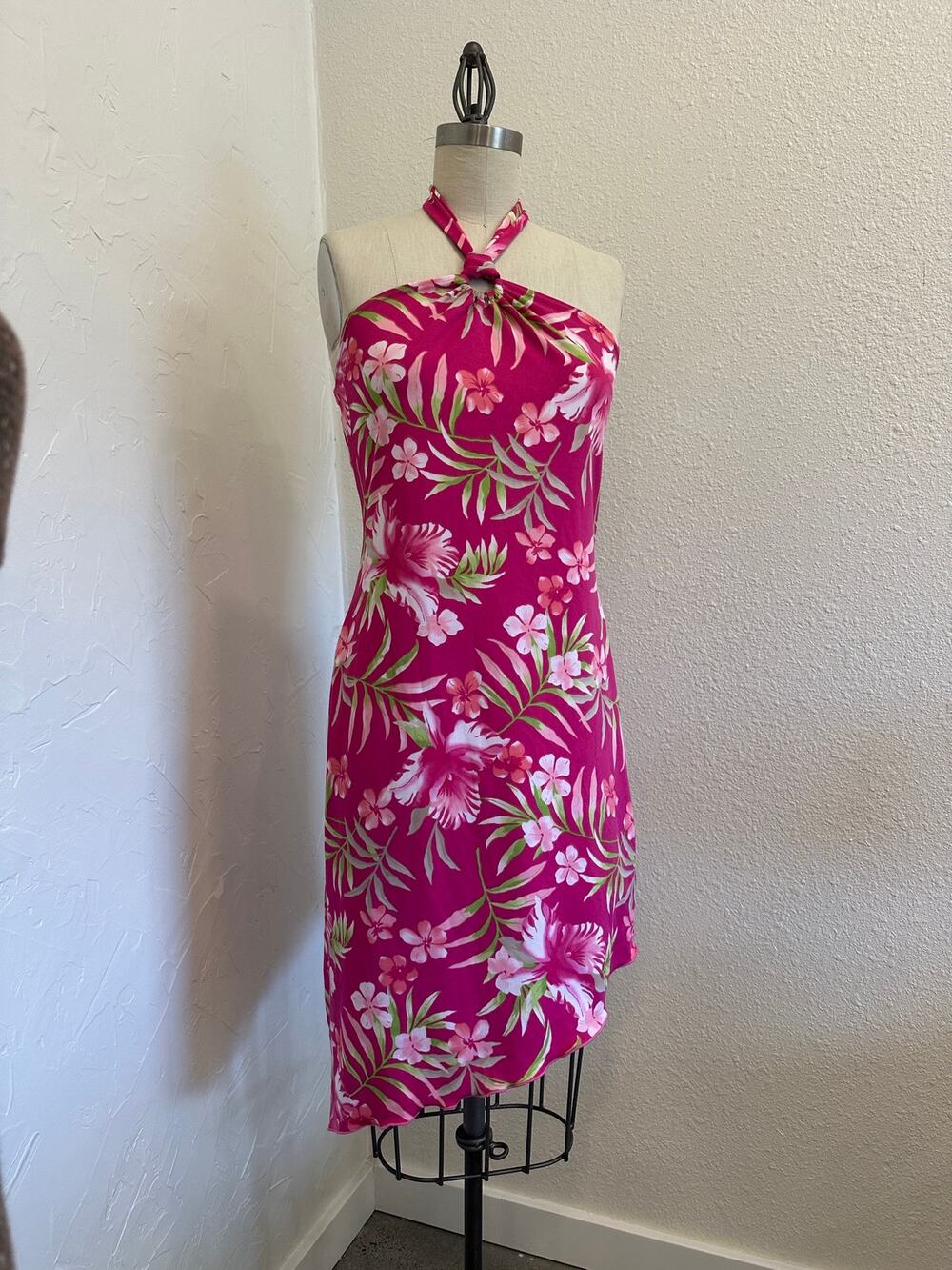 Vintage Pulse Women's Lg Pink Hawaiian Tropical Floral Halter Midi Dress Y2K